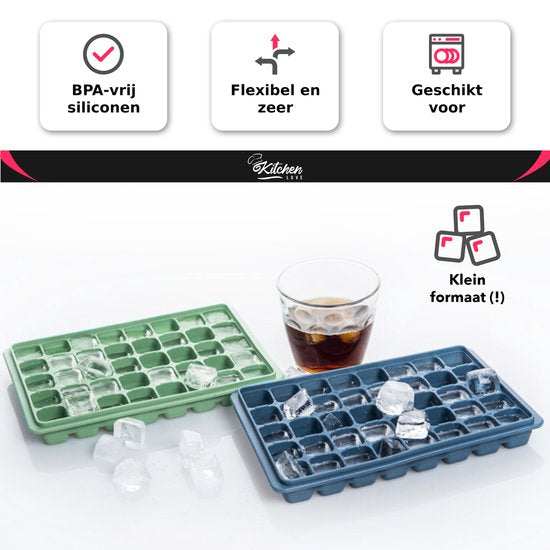 KitchenLove Siliconen IJsblokjesvorm met Deksel (2 Stuks) - 80 ijsblokjes - Vierkant - BPA Vrij - 100% Silicone - Groen & Blauw