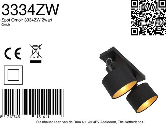 2 Lichts Spot Ornoir 3334ZW Zwart met Goudkleurige Lampenkapjes, Draaibaar en Kantelbaar, Metaal en Textiel, Modern, Mexlite, Binnen