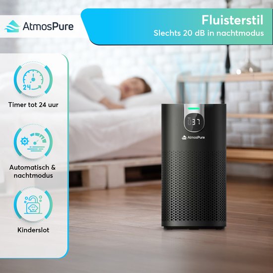 AtmosPure® CleanAir Luchtreiniger - Air Purifier met vervangbaar HEPA 13 + Koolstoffilter - CADR 250 m³/h - Zwart - Voor 98 m² - Werkt tegen huisstofmijt, hooikoorts, allergie, -3 standen + stille slaapstand - Luchtkwaliteit Sensor