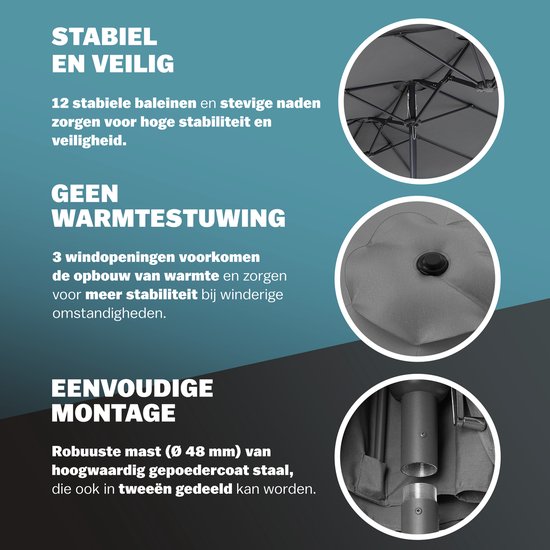 Kingsleeve Dubbele Parasol XXL - 460x270cm UV Bescherming – Antraciet