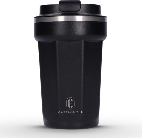 Castagnola Thermosbeker - Koffiebeker To Go - Travel Mug voor Koffie en Thee - Theebeker - 380 ML - RVS - Zwart - Octagon