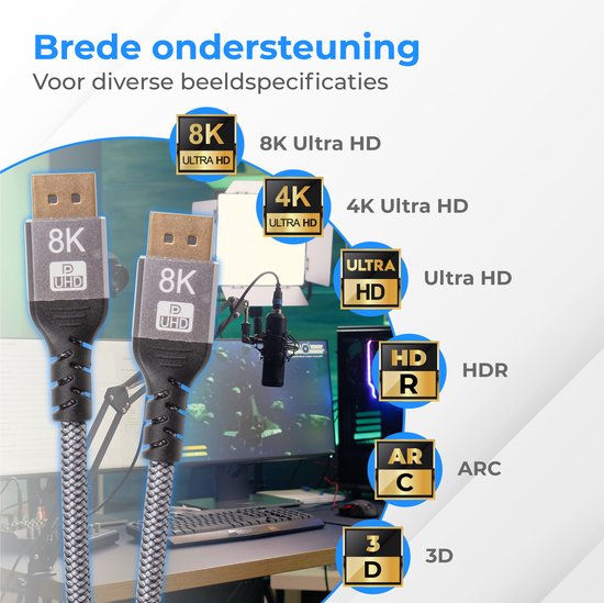 Nuvance - Displayport Kabel - 2 Meter Display Kabel - tot 32.4GBps - 8K Ultra HD - voor TV, Computer, Monitor, Projector & Beamer - Display Port