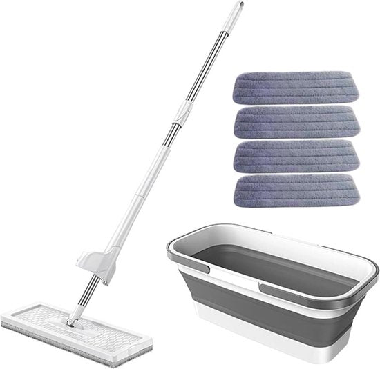 Fuegobird - Opvouwbare dweil- en emmerset - Opvouwbare multifunctionele emmer - Met wringerkit - Handsfree - Wordt geleverd met 4 wasbare microvezelmoppen - Nat en droog- Opvouwbare emmer - DWEIL