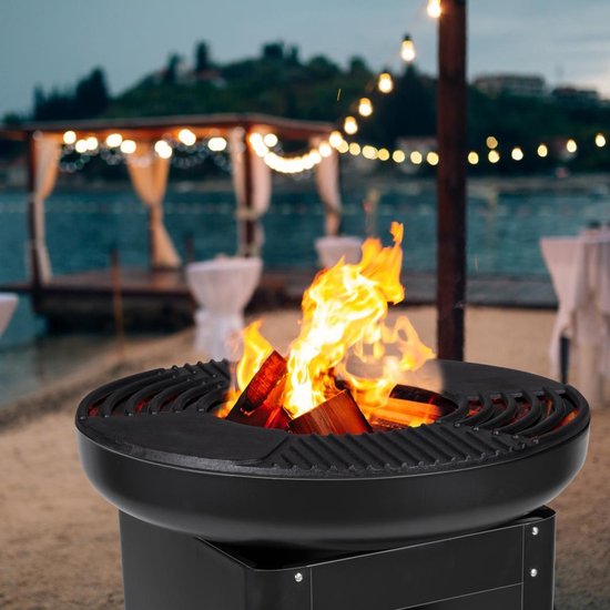 BBQ Collection 3-in-1 Vuurkorf en Grillplaat - Tuinhaard 61 x 90 cm - met Teppanyaki Bakplaat - Plancha BBQ met Brandhout Opslagplaats - Vuurkorf voor Buiten - Metaal