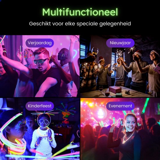 Partizzle 300 stuks Glow in the Dark Sticks - Extra Dik - Incl. Glowsticks Connectors - Breekstaafjes - Neon Carnaval Party Artikelen - Verjaardag Nieuwjaar Feest Versiering - 7 Kleuren