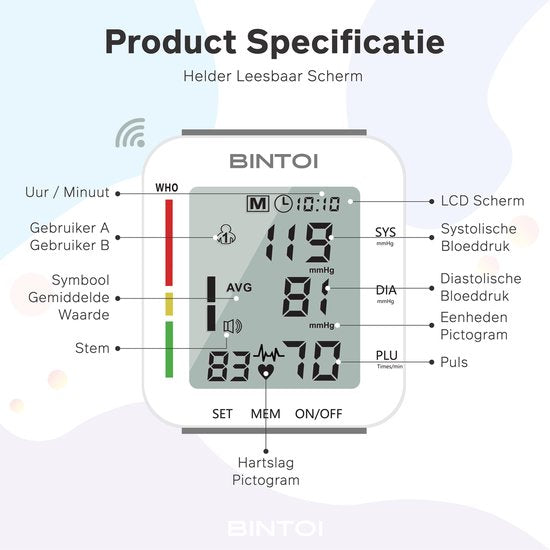 Bintoi Bloeddrukmeter Pols – Automatisch – Hartslagmeter – Compact & Nauwkeurig