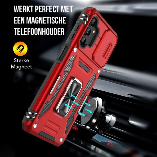 Podec Hoesje Geschikt voor Samsung Galaxy A13 5G Rood Telefoonhoesje - Anti-Shock Case Cover Hybrid Armor Hoes met Kickstand Ring met Screenprotector