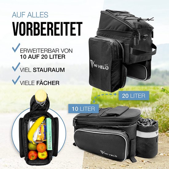 MIVELO - Fietstas voor bagagedrager - bagagedragertas fiets - uitbreidbaar tot 20 l - waterafstotend - 20 l zwart