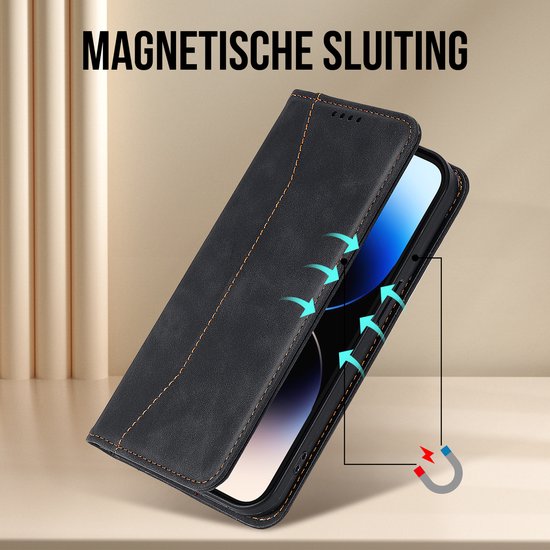 Podec Hoesje met Pasjeshouder Geschikt voor iPhone 12 Pro Max Zwart Telefoonhoesje - Anti-Shock Bookcase Cover met 1x Screenprotector - Wallet Case