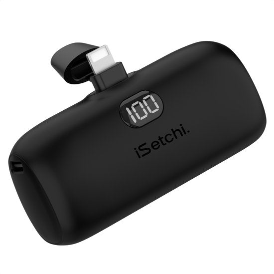 iSetchi Mini Powerbank 5000 mah - Compact formaat - Externe Batterij - Geïntegreerde Kabel - Noodpakket - Lightning Kabel - LED-Display - Geschikt voor iPhone - Zwart