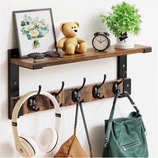 Wand kapstok met plank - 10 haken - Hangend - Kapstokken - Kleer - Kleding - Hangers - Vintage - Muur - Industrieel - Hout - Garde robe - Zwart - Luft