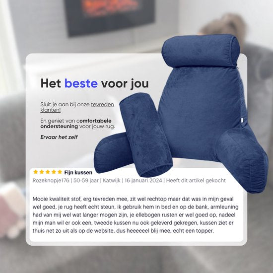 Q-Living XXL Leeskussen met Extra Nekrol - Relax Kussen - Zitkussen - Onderrug Ondersteuning - Leeskussen Voor In Bed - Blauw