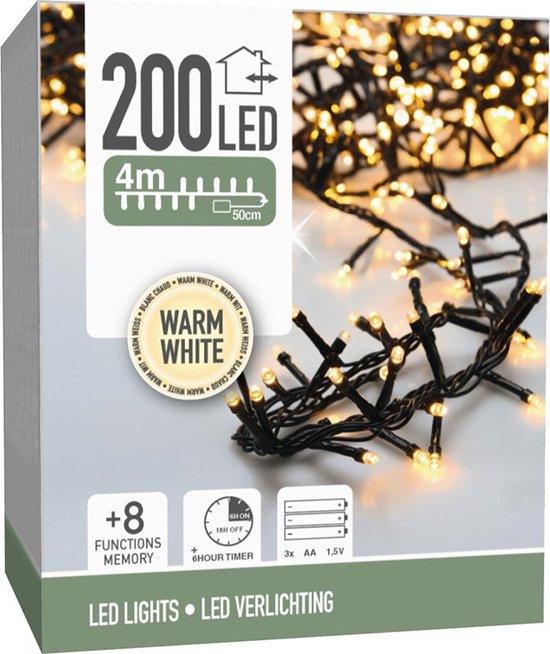 Micro Cluster 200 led - 4m - warm wit - Werkt op Batterij - 8 Lichtfuncties - Geheugen - Timer