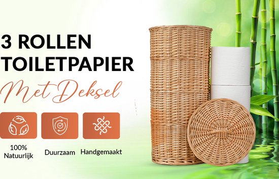 Industor® Toiletrolhouder Staand van handgevlochten Riet - Wc rolhouder voor 3 Rollen met Deksel - Toiletrolhouders, Badkamer Accessoires en Decoratie