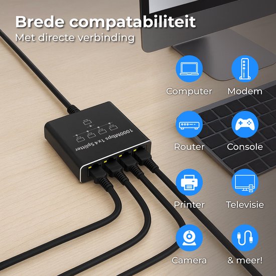 Nuvance Internet Splitter - 4 Poorten - Netwerk Switch - tot 1000Mbps - Netwerk Splitter - RJ45 Cat5 Cat6 LAN UTP Ethernet