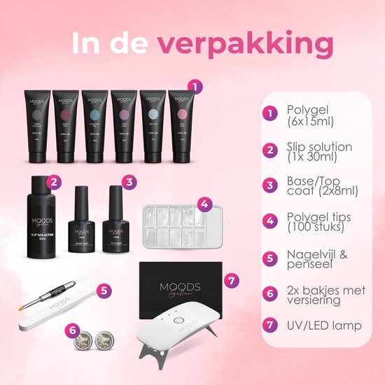 Moods Gellac - Luxe Polygel Set - Polygel Nagels Starterspakket - Inclusief UV LED lamp - 6 Kleuren - Grey Nude