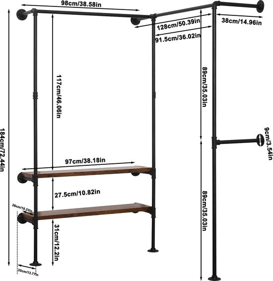 Rootz Hoekkast - Kledingkast - Kledingorganisator - Kledingrek - Opbergsysteem - Dressoir - Kledingstandaard - Zwart + Vintage Houtnerf - 130,5x187x130,5cm