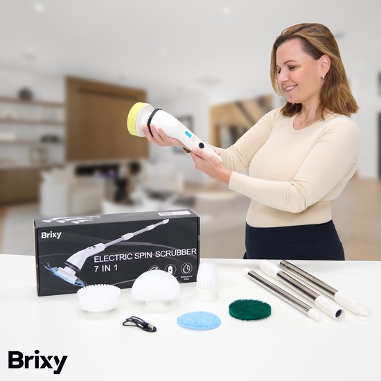 Brixy Elektrische Schoonmaakborstel - Uitschuifbare Schrobborstel - Draadloos - 8 Opzetstukken - Schrobber - Wit