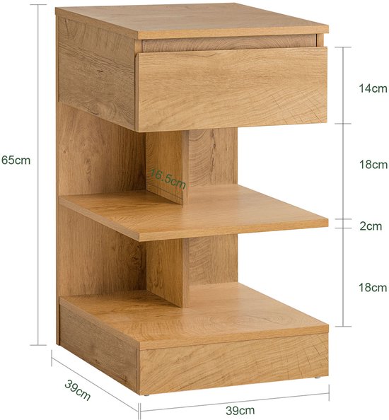 SoBuy Set van 2 Bijzettafel, Nachtkastje met 1 Lade en 3 Planken, Multifunctionele Salontafel voor Slaapkamer of Woonkamer, Scandinavisch Design, Natuur Houtbruin, 39x65x39cm, FBT49-Nx2