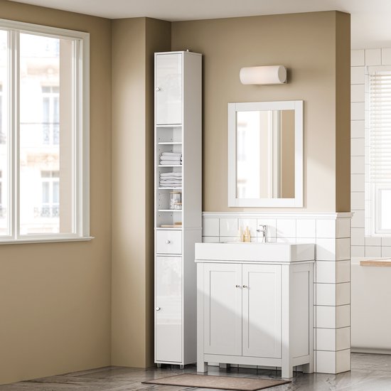 SoBuy BZR167-GW Hoge Badkamerkast - Pearl White Houtcomposiet met Lade