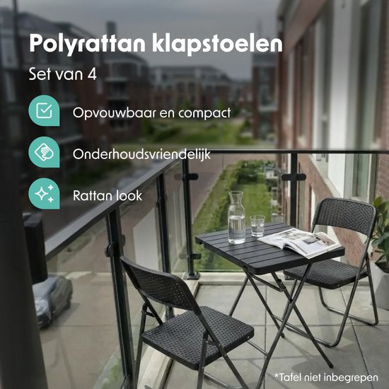 LifeGoods Klapstoelen Set van 4 - Tuinstoelen Inklapbaar - Zwart Rotan Look - Vouwstoelen - 200kg Draagkracht
