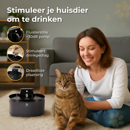 Nuvance Drinkfontein Kat - 2.2L Waterfontein - met Sensor - Incl. Filter - Stille Kattenfontein Automatisch - Draadloos