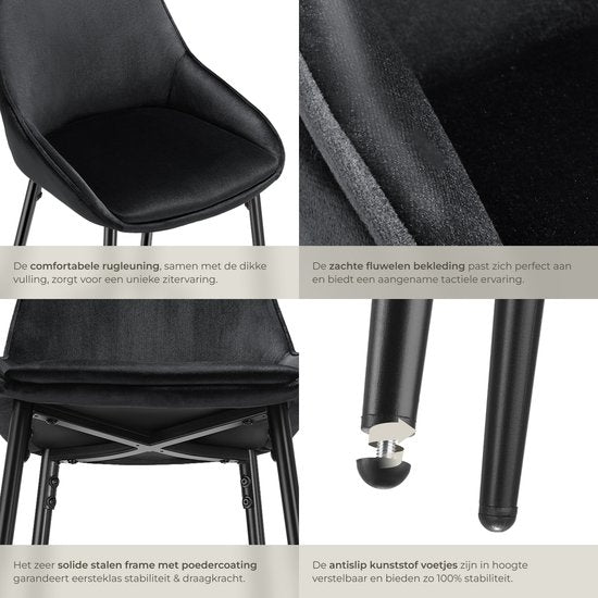 tectake® - Set van 2 Barkrukken Siera - Gestoffeerde Barkruk met rugleuning - Barstoelen - Barstoel met voetensteun - Eetkamerstoel met fluweellook bekleding en zachte schuimvulling - Stevige stalen poten met antislip vloerbescherming - Zwart