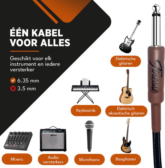 Finesse Gitaarkabel PRO - 300 cm - Jack 6.35mm - Audio Kabel - Instrumentkabel - Gitaar Kabel