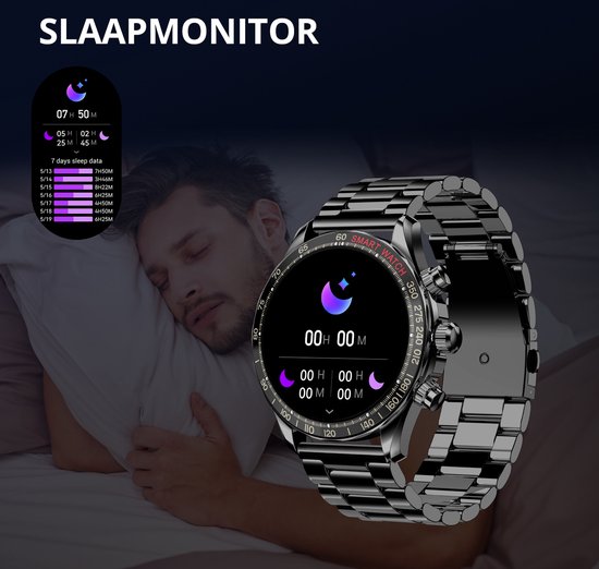 Maoo Titan AMOLED Smartwatch Heren – 45 mm – Stainless Steel & 2 TPU Bandjes – Multisport – Hartslagmeter, Slaapmonitor & Stappenteller – iOS/Android – Zwart