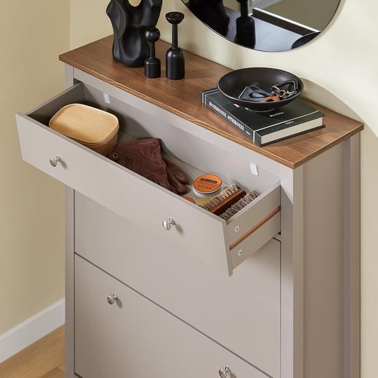 SoBuy FSR89-KA Schoenenkast met 2 Kleppen & Grote Lade – 12 paar schoenenopberglade voor entree, hal – Schoenenrek lichtbruin, 80×25×108cm