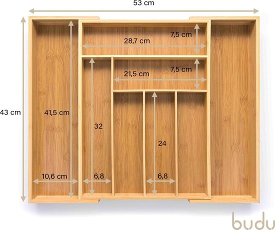 Budu Uitschuifbare Bamboe Bestekbak #43 (43 cm diep) - Bestekcassette Hout - Besteklade - 43 x 32,2 - 53 cm - 6/8 vakken