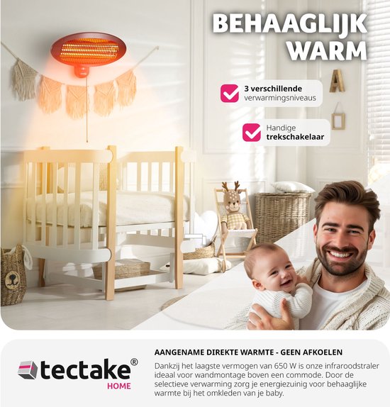 tectake® - Infraroodstraler - Luchtverhitter met stand- of wandmontage - Warmtelamp voor babyverschoontafel - Verwarmer badkamer - Infraroodstraler terras - Elektrische kachel - 2000W - 3 niveaus