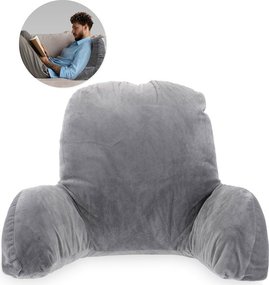 Leeskussen - Voor in bed - Met 3 opbergvakken - Rugkussen bank - zitkussen - Lende - Rug kussen onderrug - Lees - Kussens - Knuffel - Steun - Boeken - book - Seat - Grijs