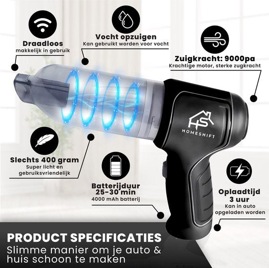 HomeShift® Auto Stofzuiger Draadloos V2 - Kruimelzuiger - Handstofzuiger - Kleine Stofzuiger - Draadloze stofzuiger - Air Duster - Nat & Droog - Zwart