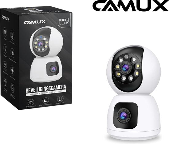 Camux DualVision Beveiligingscamera Binnen - 2MP Full HD Camera met Nachtzicht - Babyfoon - Baby monitor - Huisdiercamera met app - Hondencamera - Petcam