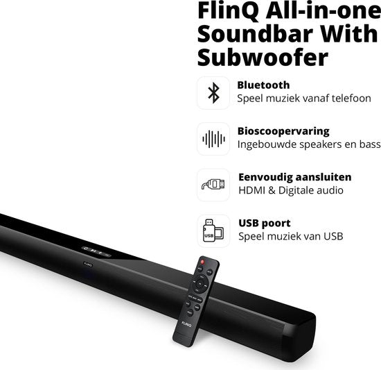 FlinQ Soundbar – Bluetooth 5.3 & Ingebouwde Subwoofer – 80W – 92 x 8,6 x 7,5 cm – Zwart