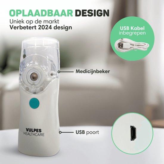 Vulpes Goods® HealthCare Aerosoltoestel – Ultrasone Inhalator – Nebulizer – Oplaadbaar – Incl. 4 Mondstukken