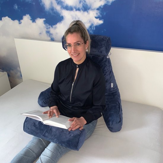 Q-Living XXL Leeskussen met Extra Nekrol - Relax Kussen - Zitkussen - Onderrug Ondersteuning - Leeskussen Voor In Bed - Blauw