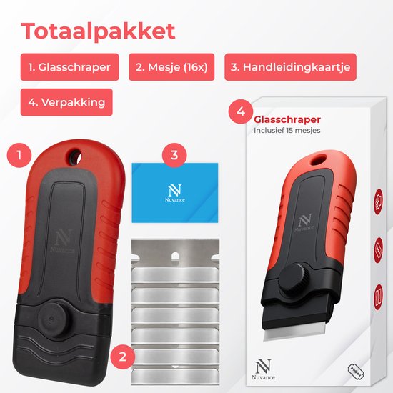 Nuvance Glasschraper - Incl 16 Mesjes - Kookplaat Reiniger - Glas & Verf Krabber - Inductie & Keramische Kookplaat - Rood