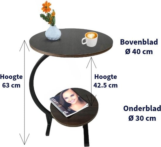 Ceruzo Bijzettafel - Dubbel Tafelblad Rond 30 en 40 cm - koffietafel -Banktafel - Sfeer Tafel -Bruin