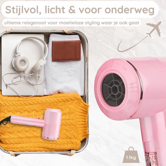Sansbeauté® Föhn met Diffuser – Ionische Haardroger – Borstel - Reisföhn - 3 Opzetstukken - Krullen – Coolshot – 3 Standen – Haarföhn met Diffuser – Hair Dryer - 2000W - Pink