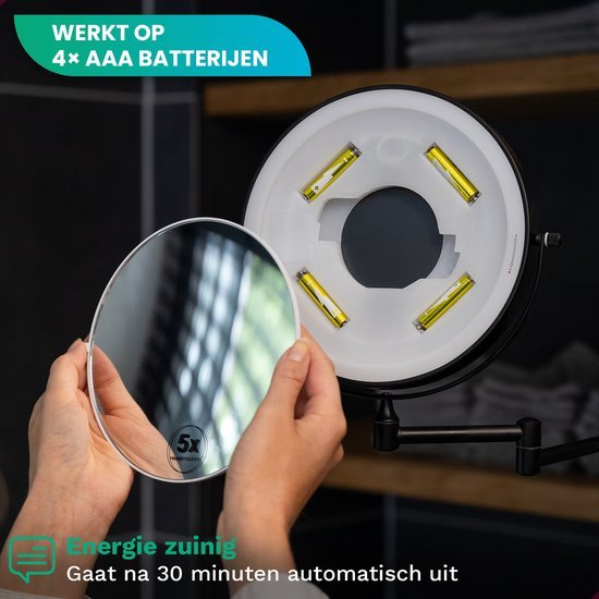 Make Up Spiegel met Led Verlichting - 5X Vergroting - Wandspiegel Rond - Scheerspiegel Wandmodel - Badkamer - Douche - Zwart
