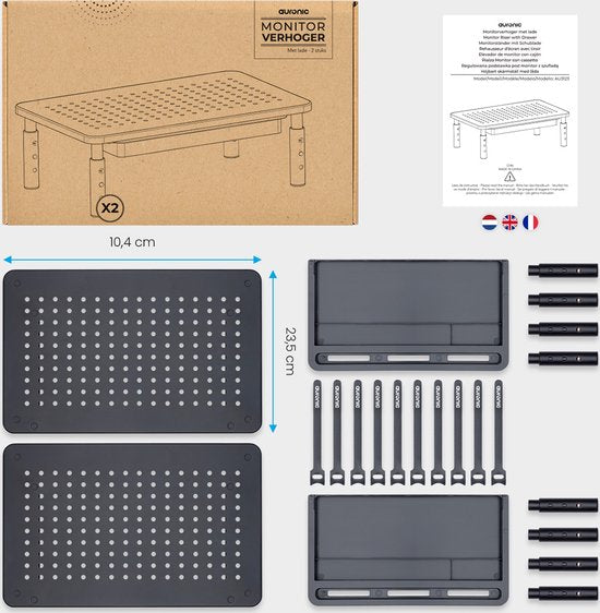 Auronic Monitor Standaard - Monitor Verhoger - Beeldscherm Verhoger - 2 Stuks - Verstelbaar - 37 x 23,5 x 10 cm - Metaal - Zwart