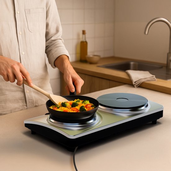 KitchenBrothers Elektrische Kookplaat - 2 Pits - Vrijstaand - 7 temperatuurstanden - 1500W + 1000W - RVS/Zwart