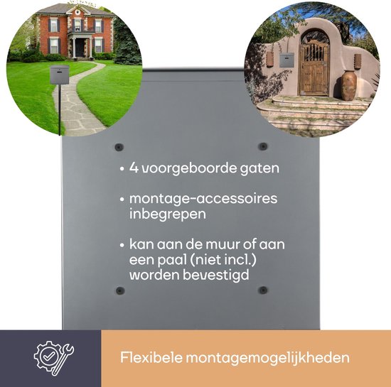 Perel brievenbus Monaco, wandbrievenbus voor buiten, wandmontage, met naamplaatje, sleutelslot, afsluitbaar incl. 2 sleutels, roestvrij staal, 36,8 x 36,5 x 10 cm, zilvergrijs