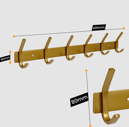 Duna Wandkapstok - 12 Haken - RVS - Muur Kapstok Hangend - Handdoekrek - 3M Tape - Messing - Goud