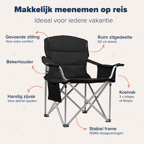 TRVLMORE Campingstoel - Opvouwbaar - Comfortabele Vouwstoel - 150 kg draagvermogen - Drankhouder - Koelvak - Zijvak - Zwart