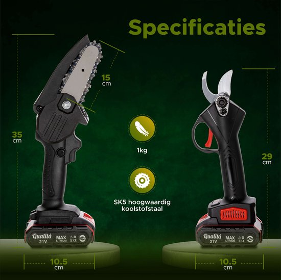 Qualitá® Elektrische Snoeischaar - 2 in 1 Qualitá® Elektrische Snoeischaar - Heggenschaar Accu - Elektrische Snoeischaar - Heggenschaar Elektrisch - Elektrische Heggenschaar - Heggeschaar Electrisch - Takkenschaar - Mini Kettingzaag - Bloemenschaar
