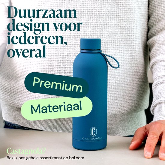 Castagnola Waterfles - RVS Drinkfles 500 ML - Stalen Thermosfles - Drinkflessen voor Volwassenen - Dubbelwandig - Helderblauw