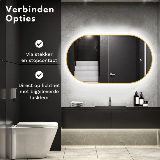 Mirlux Badkamerspiegel met LED Verlichting & Verwarming – Wandspiegel Ovaal – Goud Frame - 90x50CM